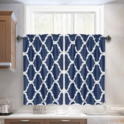 Melodieux Moroccan Fashion Tier Curtains for Kitchen, Geometric Print Rod Pocket Curtains for Cafe Bathroom Small Windows, 29 x 36 Inch, Navy Blue