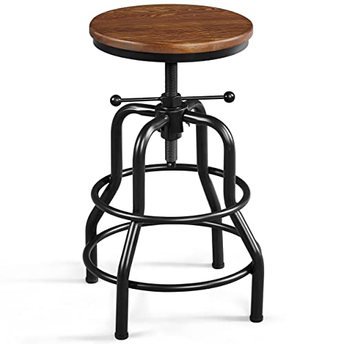 Yaheetech Industrial Bar Stool Vintage Metal Adjustable Counter-Height Barstool 51-68cm with Round Wooden Top Rustic Breakfast Stool for Kitchen Counter Cafe, Brown, 1PCS