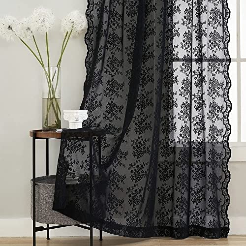 "Black floral Lace Sidelight Curtains for Front Door 72 inch length Boho Goth Sheer Front Door Curtains for Glass Window Coffin/Dark/Halloween/Spooky/Skull/Moody/Witch/Creepy Room Decor 52""W x 72""L"