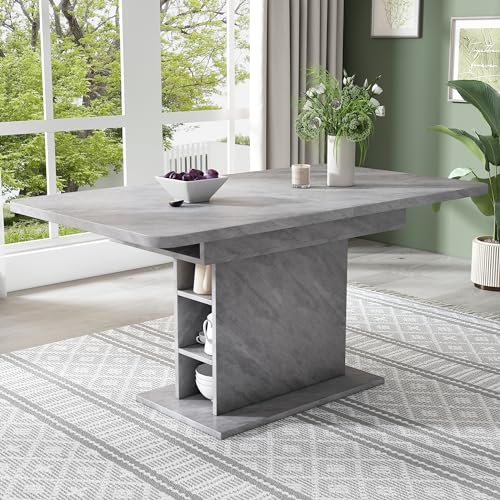 Ball & Cast Extendable Dining Tables with Storage, Modern Rectangular Dining-Table w/Leaf and Open Shelves, 110~130cmL Multi-functional Expandable Kitchen Table for Small Spaces Apartment, Grey