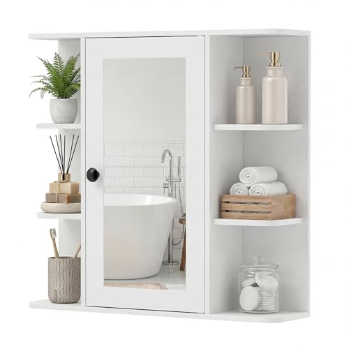 CASART Bathroom Mirror Cabinet, Wall Mounted Storage Cupboard with Single Door and Open Shelves, Wooden Medicine Cabinet Display Organizer Unit for Kitchen Living Room (White, 66 x 16.5 x 63cm)