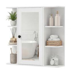 CASART Bathroom Mirror Cabinet, Wall Mounted Storage Cupboard with Single Door and Open Shelves, Wooden Medicine Cabinet Display Organizer Unit for Kitchen Living Room (White, 66 x 16.5 x 63cm)