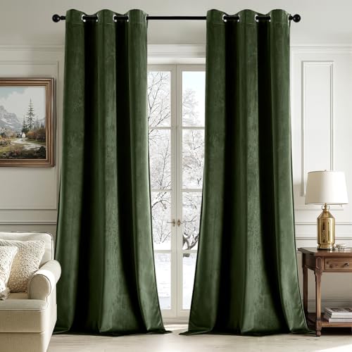 ANRODUO Olive Green Velvet Curtains 84 Inches Long Blackout Thermal Insulated Soundproof Curtain Privacy Room Darkening Curtains Grommet Window Drapes for Bedroom Living Room 42 x 84 Inch Set of 2