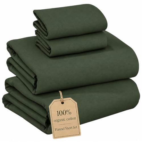 Ruvanti Flannel Sheets Queen Size - GOTS Certified 100% Organic Cotton, 4 Piece Warm, Soft & Breathable Set, Deep Pocket Snug Fit, Double Brushed Cozy All Season Bedding, Riffle Green