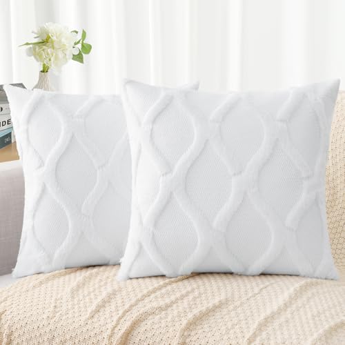 decorUhome Fall Faux Fur Pure White Throw Pillow Covers 18x18 Set of 2 - decorUhome Soft Accent Plush Couch Pillow Covers for Modern Farmhouse Bed Sofa Living Room