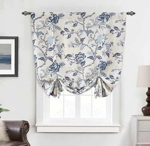 DriftAway Ada Floral Botanical Print Flower Leaf Lined Thermal Insulated Room Darkening Blackout Tie Up Window Curtains 2 Layers Each 45 Inch by 63 Inch Navy