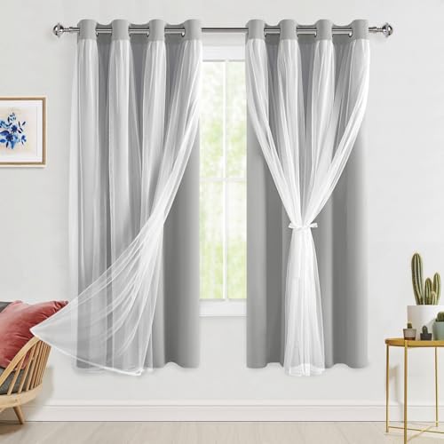 Hiasan Blackout Curtains with Sheer Overlay, Thermal Insulated Privacy Double Layer Mix & Match Window Curtains for Girls Bedroom, Living Room, 2 Drape Panels with Tiebacks, Silver Grey, 52W X 63L