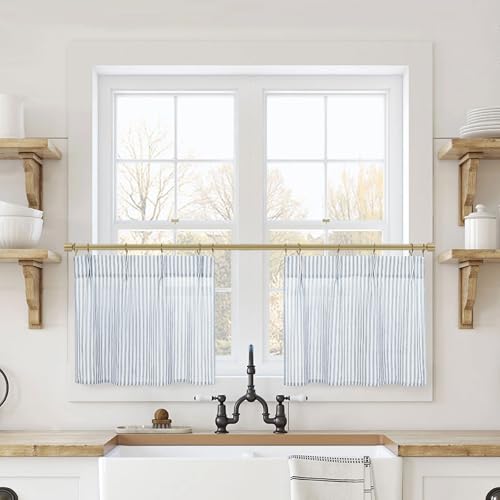 Lino Rosa Dusty Blue Door Curtains, Short Linen Farmhouse Sheer Small Window Curtains for Front Door Glass Kitchen, 24 x 18 Inch Length Long