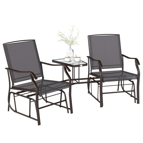Outsunny Outdoor Double Glider Rocking Chairs with Glass Top Middle Table, Metal Gliding Love Seat Conversation Furniture with Breathable Mesh Fabric Seat, for Garden, Patio, Grey