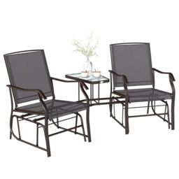 Outsunny Outdoor Double Glider Rocking Chairs with Glass Top Middle Table, Metal Gliding Love Seat Conversation Furniture with Breathable Mesh Fabric Seat, for Garden, Patio, Grey