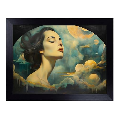 Lap Tray with Bean Bag Cushion, Moon Art Deco - Handmade in the UK, Raised Wooden Edge, Padded Cushion, Heat-Resistant Wipe-Clean Surface, for Meals, Laptops and Crafts
