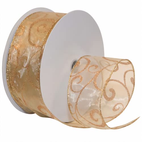 "Morex Ribbon 7416.60/50-623 Swirl 2.5"" X 50 YD Nylon Sheer Curling Wired Glitter Ribbon, Gold/Bronze, Holiday Ribbons for Crafts and Christmas Decorations, Indoor Christmas Ribbon for Gift Wrapping"