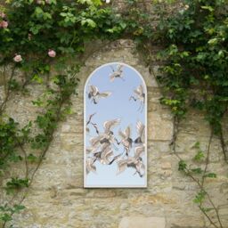 "MirrorOutlet The Typis - White Metal Frame Edged Modern Round Arch Edge Garden Wall Mirror With Colour Stork Printed Decal 47"" x 24"" (120CM X 60CM) Silver Mirror Glass with White Frame"