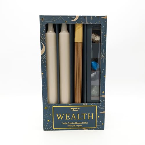 Wealth Candle, Crystal and Incense Set - Includes Two Candles and Three Crystal Stones