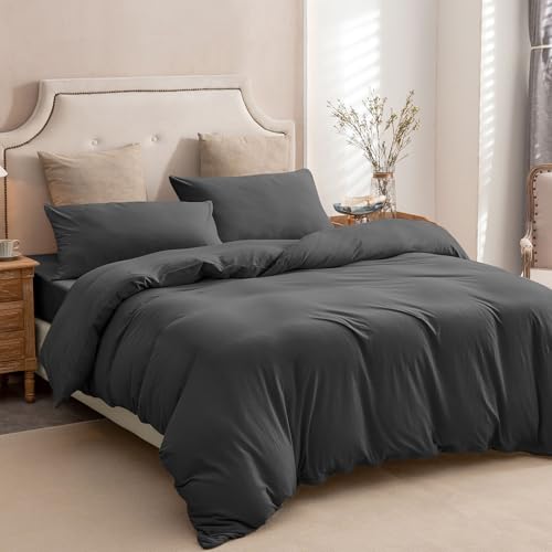 "PURE ERA Jersey Knit Duvet Cover Set 100% T-Shirt Cotton Super Soft Comfy 3pc Bedding Set with Zipper Closure (Solid Deep Grey, Queen, 90""X90"")"