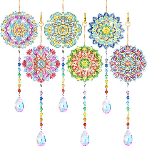 Yeaqee 6 Pcs Fall Diamond Art Kits Sun Catcher Thanksgiving Maple Leaves Wind Chimes Diamond Painting Double Sided Kits for Adults Autumn Hanging Ornament for Kids DIY Craft(Mandala)
