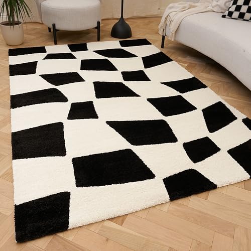THE RUGS Joli Area Rug - Soft Dense Pile Modern Artistic Design, Durable & Easy Care Carpet for Living Room & Bedroom - Irregular Checkered Black & White, 160 x 230 cm