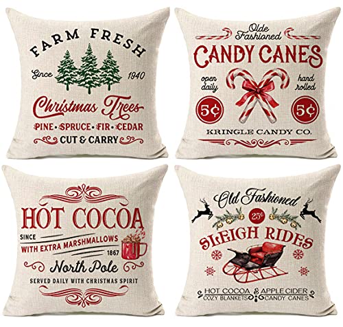 "Kithomer Farmhouse Christmas Pillow Covers 18x18 Set of 4 Rustic Winter Holiday Xmas Decor Christmas Decorations Cushion Cases for Couch Tree Candy Canes Cocoa Sleigh Rides (18""x18"")"