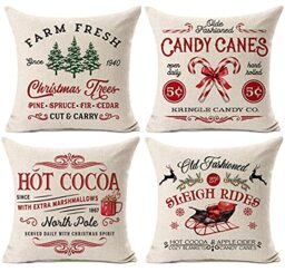 "Kithomer Farmhouse Christmas Pillow Covers 18x18 Set of 4 Rustic Winter Holiday Xmas Decor Christmas Decorations Cushion Cases for Couch Tree Candy Canes Cocoa Sleigh Rides (18""x18"")"
