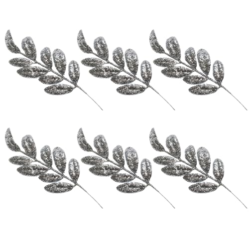 Silver Glitter Christmas Tree Picks Sprays, 35cm Leaf Stems, 6Pcs