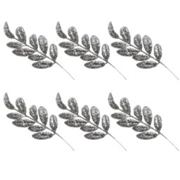 Silver Glitter Christmas Tree Picks Sprays, 35cm Leaf Stems, 6Pcs