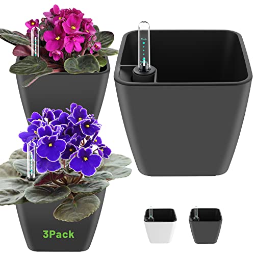 Gs Garden 5 inch Self Watering Planters for Indoor Plants 3 Pack grey Plastic Planter with Water Level Indicator African Violet Self Watering Flower Pots for Herb House Plant Planting Modern Decor Pot