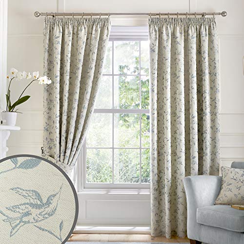 Curtina Bird Trail Jacquard Lined Pencil Pleat Curtains, Duck Egg, 66 x 72 Inch