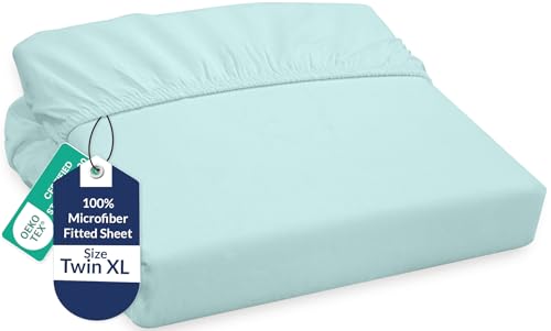 Royale Linens Fitted Sheet Twin XL - Ultra Soft 1800 Brushed Microfiber - Hotel Luxury Bottom Sheets - Wrinkle Free & Fade Resistant - Deep Pocket Fitted Sheet Only (Twin XL, Aqua)