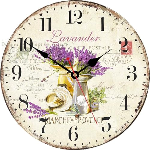 TAHEAT Lavender Wall Clock, Small Unusual Floral Provence Kitchen Clocks, Lovely Countryside Wall Clocks for Living Room Bedroom Bathroom Office, 8 Inch