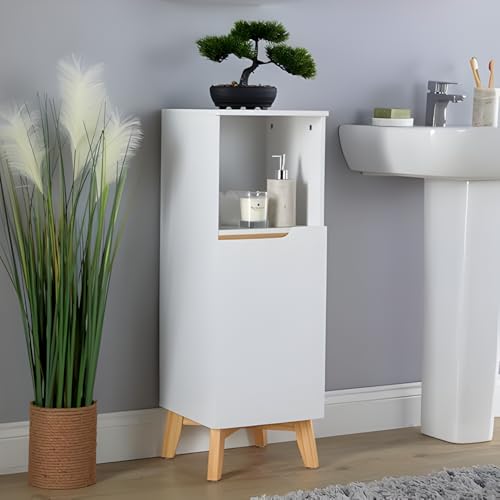 Home Source- Florence 86cm Bathroom Floor Cabinet – White, Soft Close Door, 3-Shelves with 1-Open Shelf,Versatile Cupboard for Bathroom or Hallway, Narrow Bathroom Storage Unit 30x30x86cm