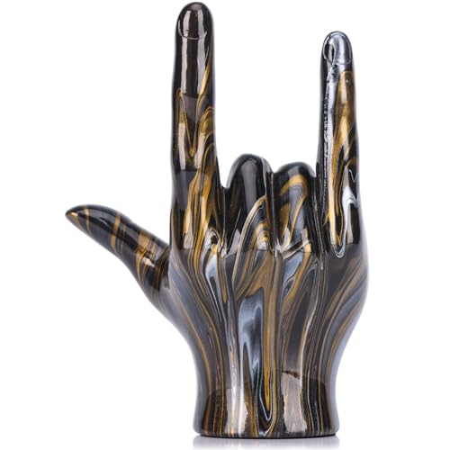 LCCCK Black and Gold Rock and Roll Hand Sign Desk Statue, I Love You Sign Couple Bedroom Decoration, Black Gold Hand Gesture Sculpture Peace Sign Decor, for Coquette Decor Desktop Centerpieces