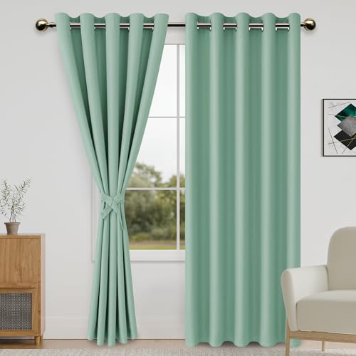 DWCN Blackout Curtains for Bedroom with Tiebacks - Room Darkening Privacy Grommet Top Window Curtains for Living Room, 60 x 84 inch Length,Sage Green,Set of 2 Panels