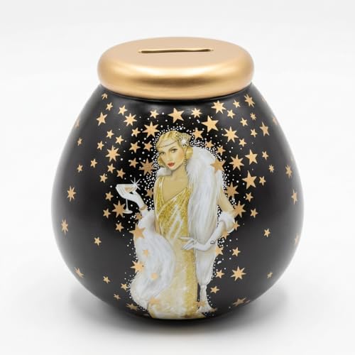 Pot of Dreams Art Deco Savings Pot ??? Ceramic Money Box with Gold Star Design, Hand Painted Break to Open Piggy Bank, Luxury Glamour Style Coin Jar
