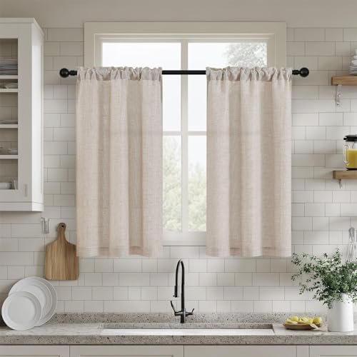 DUKIYO Farmhouse 36 Inch Curtains for Kitchen Window Bathroom Bedroom Light Flitering Semi Sheer Chic Boho Light Coffee Beige Tan Small Short Cafe Curtains Linen Drapes Rod Pocket 2 Panels W25xL36