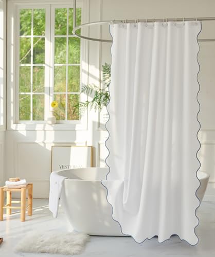 youngseahome White Fabric with Water Blue Scalloped Border Shower Curtain,Boho Chic Cloth Shower Curtain for Bathroom Showers,72 x 72 Inches
