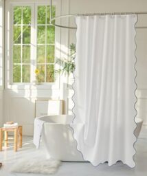 youngseahome White Fabric with Water Blue Scalloped Border Shower Curtain,Boho Chic Cloth Shower Curtain for Bathroom Showers,72 x 72 Inches