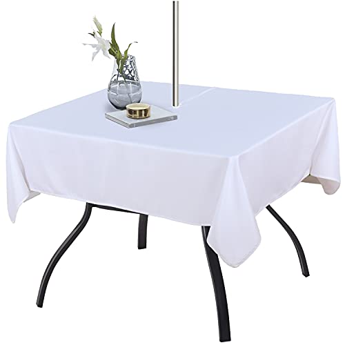 Fitable Square Outdoor and Indoor Tablecloth, White, 60 x 60 Inch - Washable Waterproof Wrinkle Free Table Cover, Zipper and Umbrella Hole, For Spring Summer Party Picnic Camping Patio