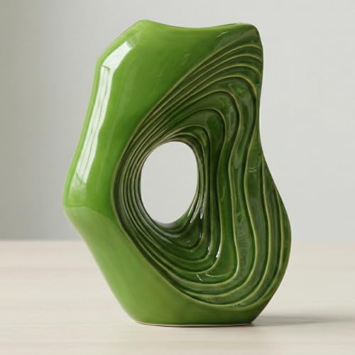 Sunddo Donut Green Ceramic Vase, 11 Inch Tall - Modern Flower Vase, For Pampas Grass, Living Room, Shelf, Entryway, Fireplace Mantel, Console Decor
