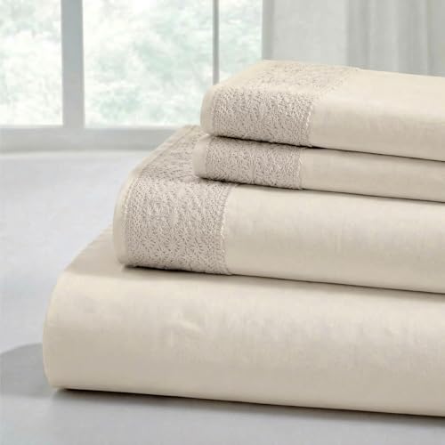 Modern Threads Pacific Coast Textiles 4 PIECE CROCHET LACE MICROFIBER SHEET SET LINEN QUEEN, Microfibre