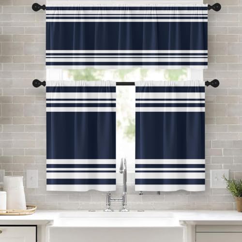 Tayney Navy Blue Kitchen Window Curtains Valance and Tier Set 36 Inch, Striped Abstract Rod Pocket Short Tier Curtain for Bathroom, Modern Small Cafe Drapes for Kitchen Decor