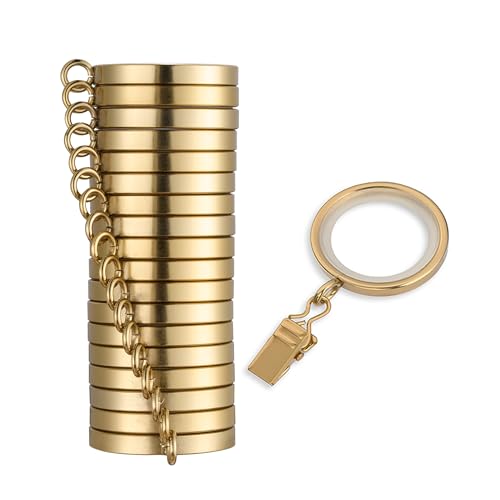 Cambria® Designer Series - Premium Easy Glide 18 Count Curtain Rings - Metal with Smooth, Quiet Nylon Inserts with Clips - 1-3/8 inch Diameter (1-1/8 inch Inside Diameter) - Brushed Gold