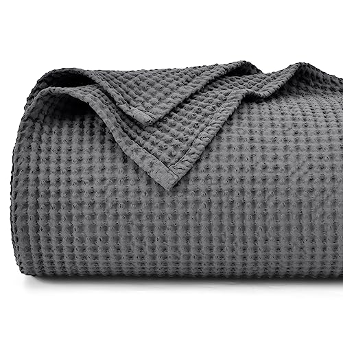 "PHF 100% Cotton Waffle Weave Blanket Twin Size 66""x90""-Lightweight Washed Soft Breathable Blanket for All Season-Perfect Blanket Layer for Couch Bed Sofa -Elegant Home Decoration-Charcoal"