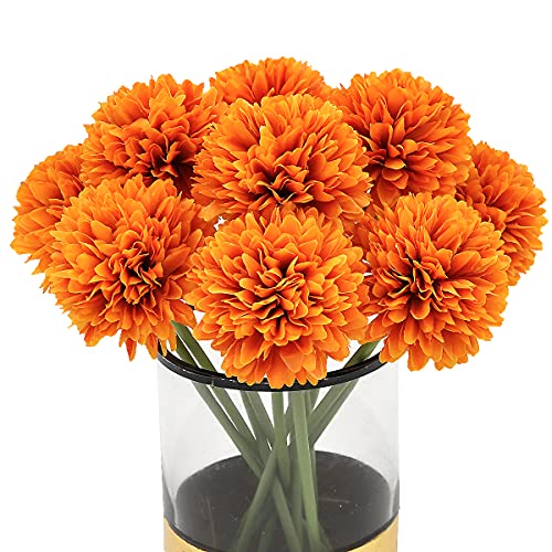 Blooming Paradise 10Pcs Artificial Fake Flower Plants Silk Chrysanthemum Ball Hydrangea Arrangements Wedding Bouquets Decor Home Kitchen Garden Party Table Floral Centerpieces DIY (Orange)