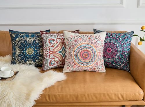 GV DUOKE Boho Floral Pillows Covers Home Deco Set of 4 Throw Pillow Covers Decorative 18 x 18 Inches Indoor Outdoor Pillowcases for Couch Sofa Cushion Living Room Bedroom Farmhouse Deco