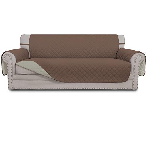 Easy-Going 4 Seater Sofa Slipcover Reversible Sofa Cover Water Resistant Couch Cover with Foam Sticks Elastic Straps Furniture Protector for Pets Children Dog Cat (XX-Large, Brown/Beige)