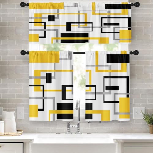 Tayney Yellow Black Kitchen Window Curtains Valance and Tier Set 36 Inch, Abstract Squares Geometric Rod Pocket Short Tier Curtain for Bathroom, Modern Small Cafe Drapes for Kitchen Decor