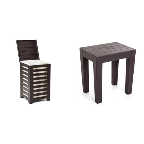 TATAY Lombok Clothes Basket, 55L Capacity, with Lid, Brown. + Rectangular stool made of brown textured polypropylene, with wood effect finish.