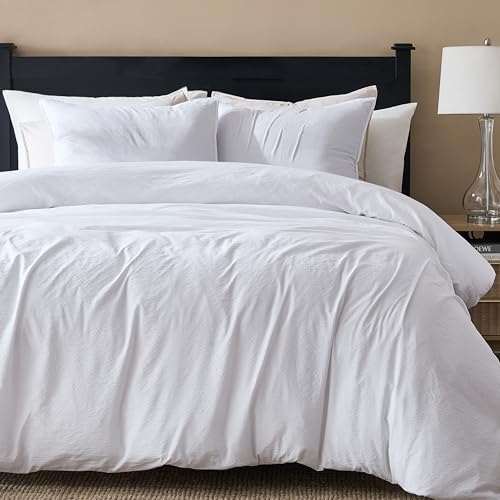 WDCOZY White Queen Size Jacquard Duvet Cover Set with Zipper Closure, Modern Washed Soft Striped Bedding, Textured Seersucker Like Cotton Line, 1 Duvet Cover and 2 Pillow Shams, No Comforter
