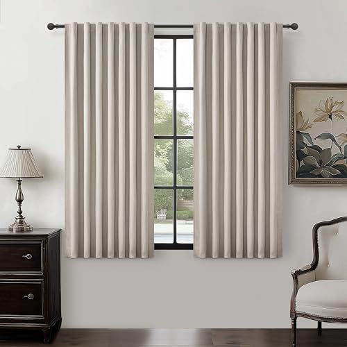 "Grey Flax Taupe Short Small Window Room Darkening Curtains 54 Inches Long for Bedroom/Basement, Boho Linen Thermal&Soundproof Blackout Curtain Back Tab Pleated with Hooks Light Tan (50""Wx54L 2 Panels)"