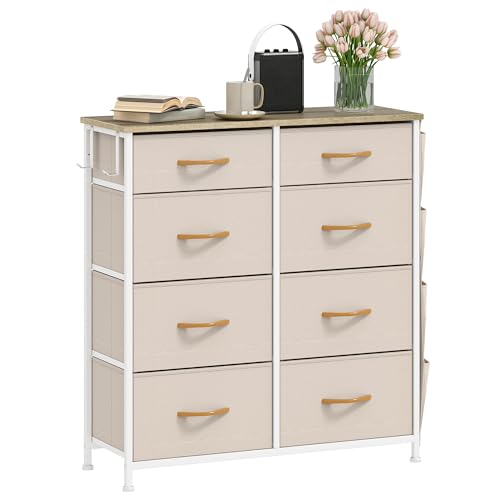 DWVO Chest of Drawers with 8 Drawers, Fabric Chest Drawers with Side Pocket&Hooks,Easy Pull Handle,Sturdy Steel Frame for Bedroom,Living Room,Beige